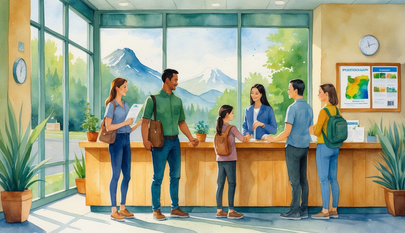 People applying for passports in a welcoming government office with large windows showing trees and mountains outside.