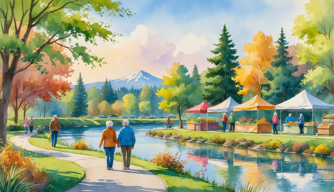 A peaceful riverside park with trees, a walking path, elderly people strolling, a farmers market with colorful stalls, and mountains in the background.