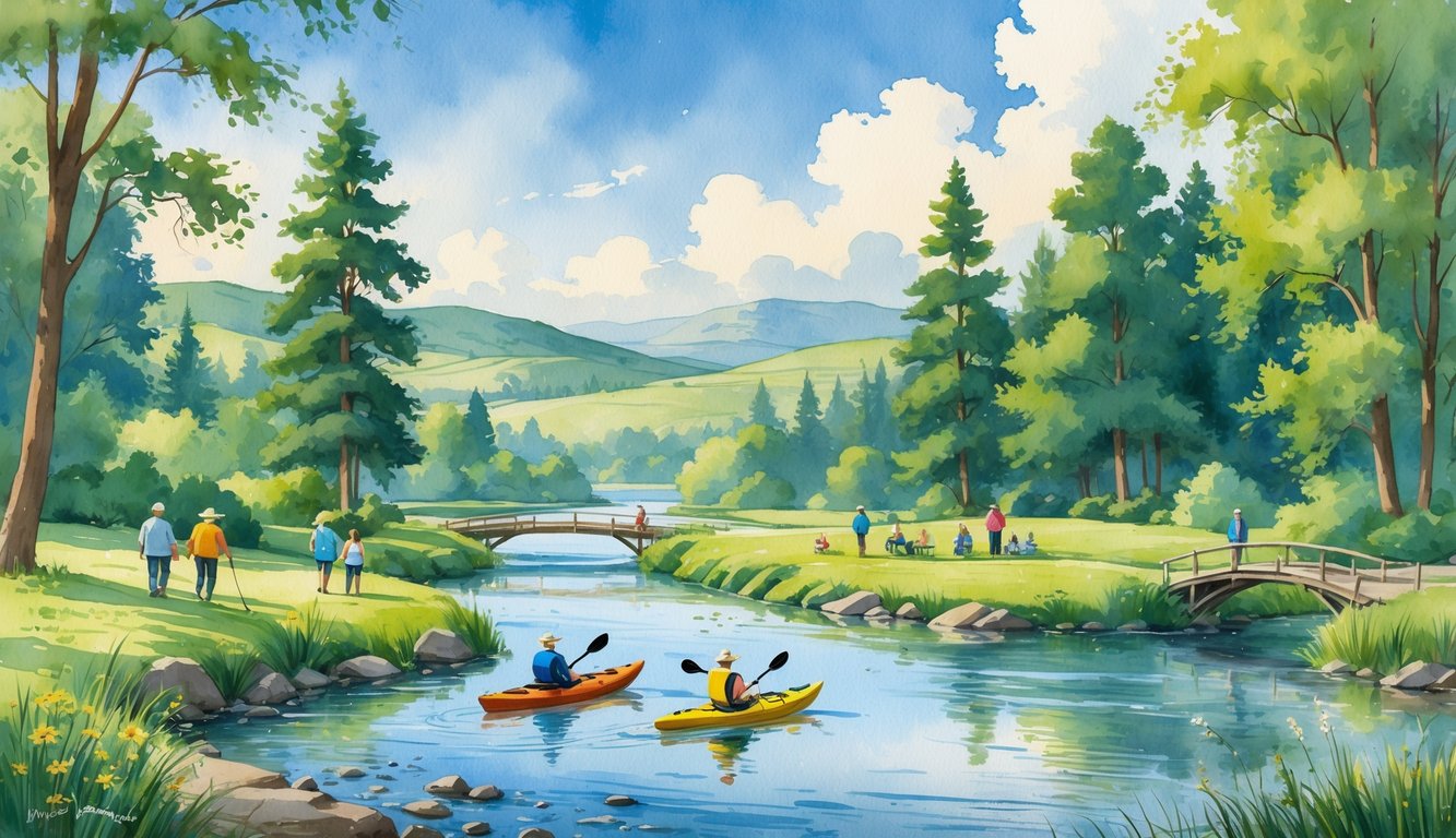 A peaceful river flowing through a green landscape with trees, hills, and people kayaking, hiking, and fishing outdoors.