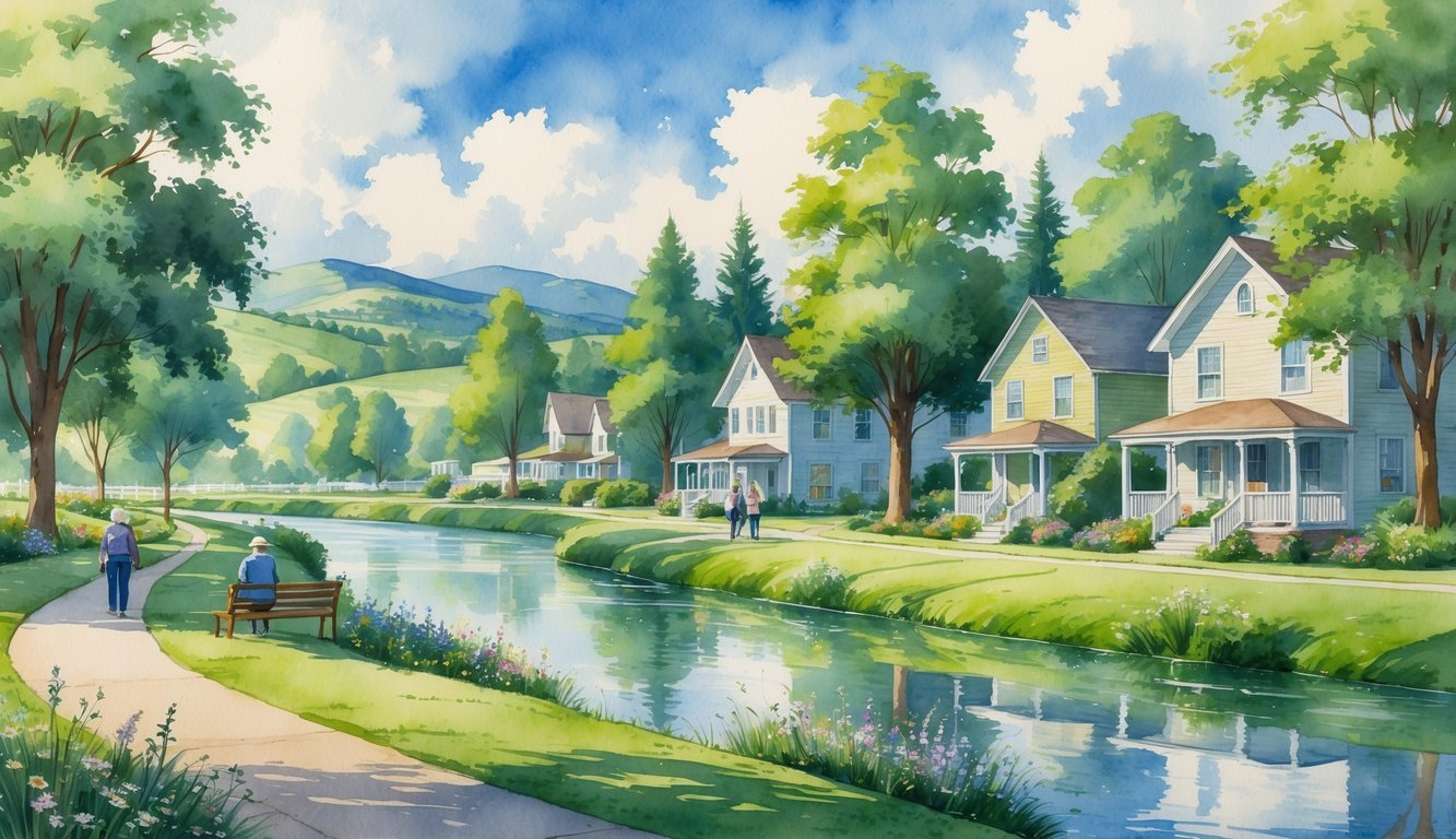 A peaceful riverside park with trees, flowers, houses, and people walking or sitting outdoors near hills and mountains.