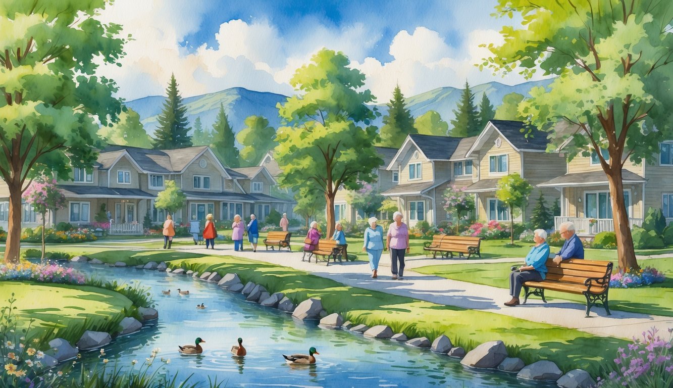 A peaceful neighborhood with houses, trees, flowers, elderly people walking and sitting outside, a river with ducks, and mountains in the background.
