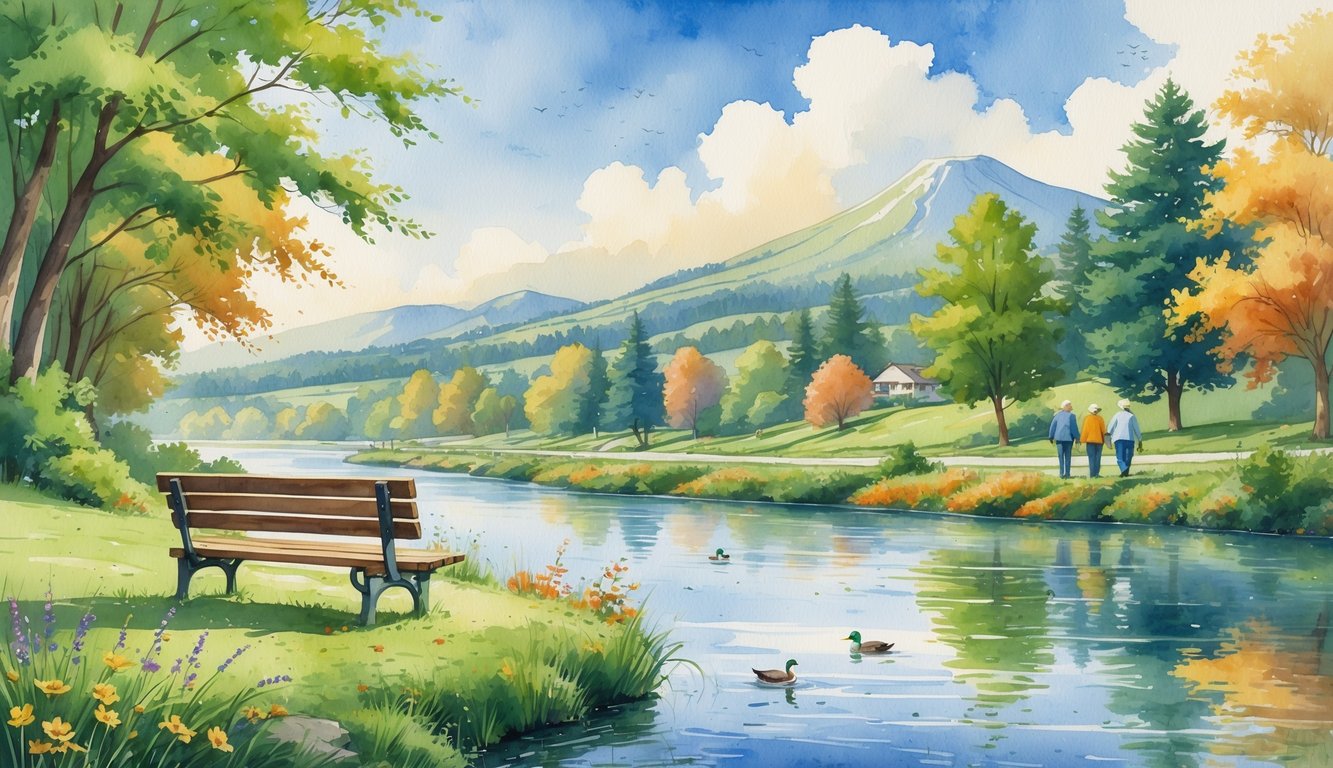 A peaceful riverside scene with trees, hills, a bench, and people walking along a path near the water.