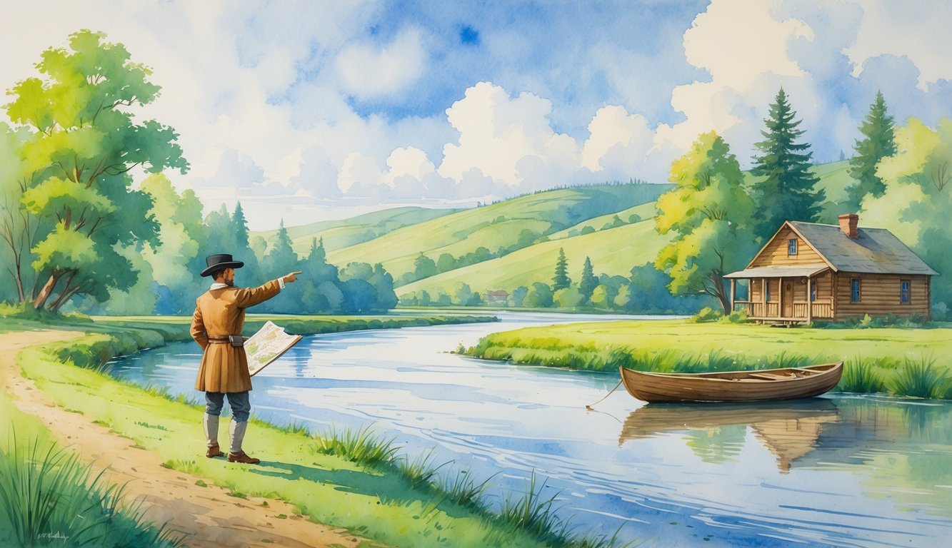 A pioneer man by a river pointing towards the horizon near a wooden cabin surrounded by trees and hills.