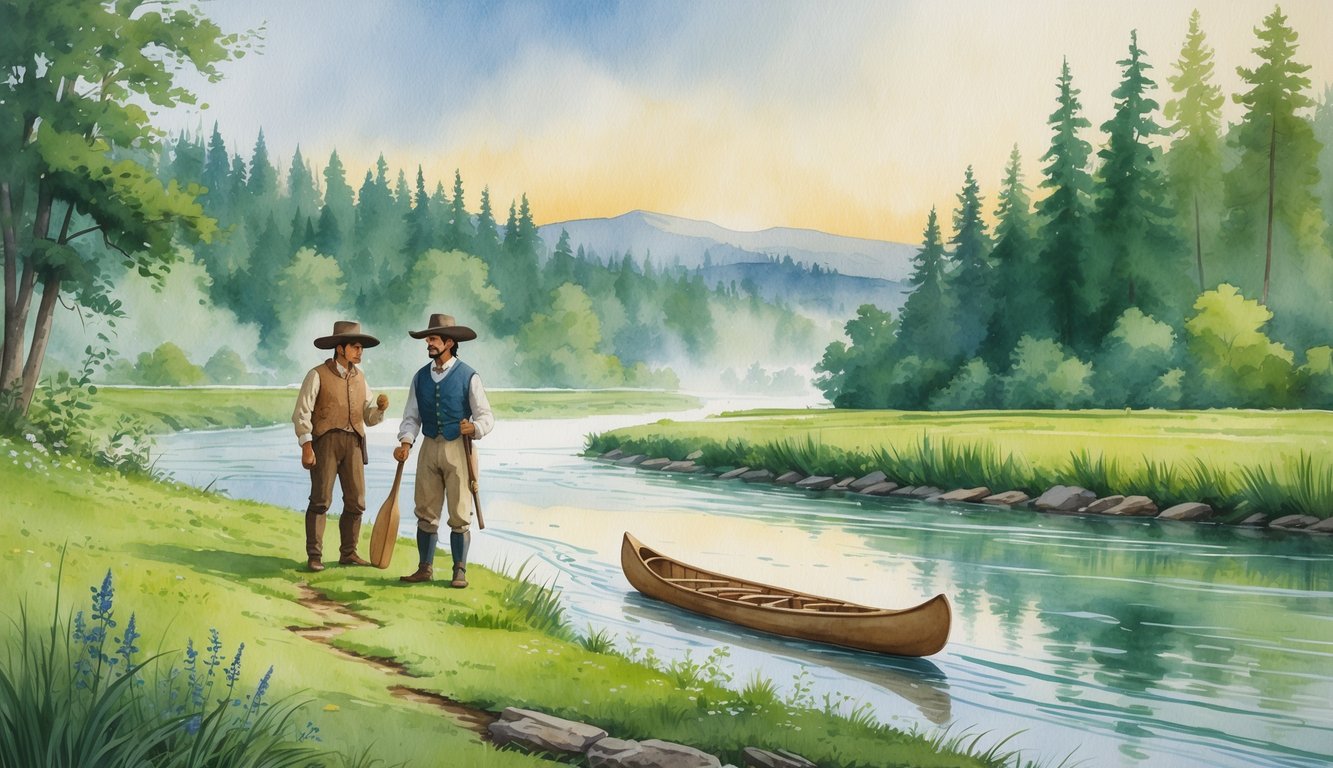 A pioneer settler and a Native American standing by a river surrounded by trees and mountains at dawn.