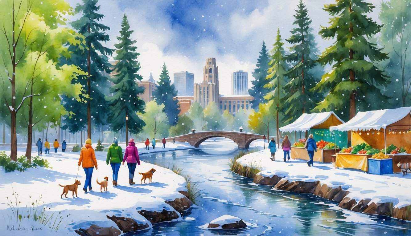 A winter park scene with snow-covered trees, people walking along a trail, a river, and buildings in the background under a cloudy sky.