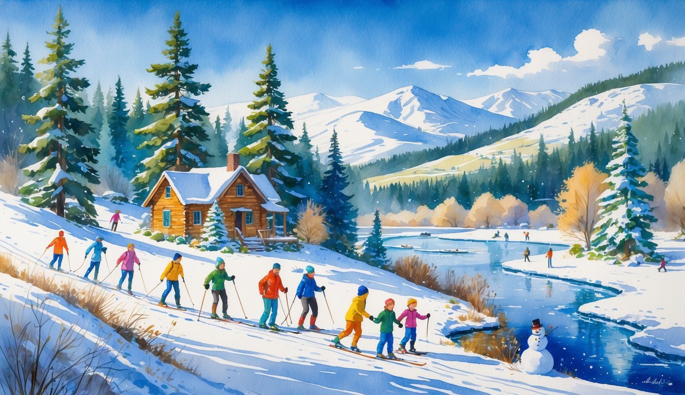 A snowy landscape with people skiing, building a snowman, and ice skating near trees, hills, and a wooden cabin.