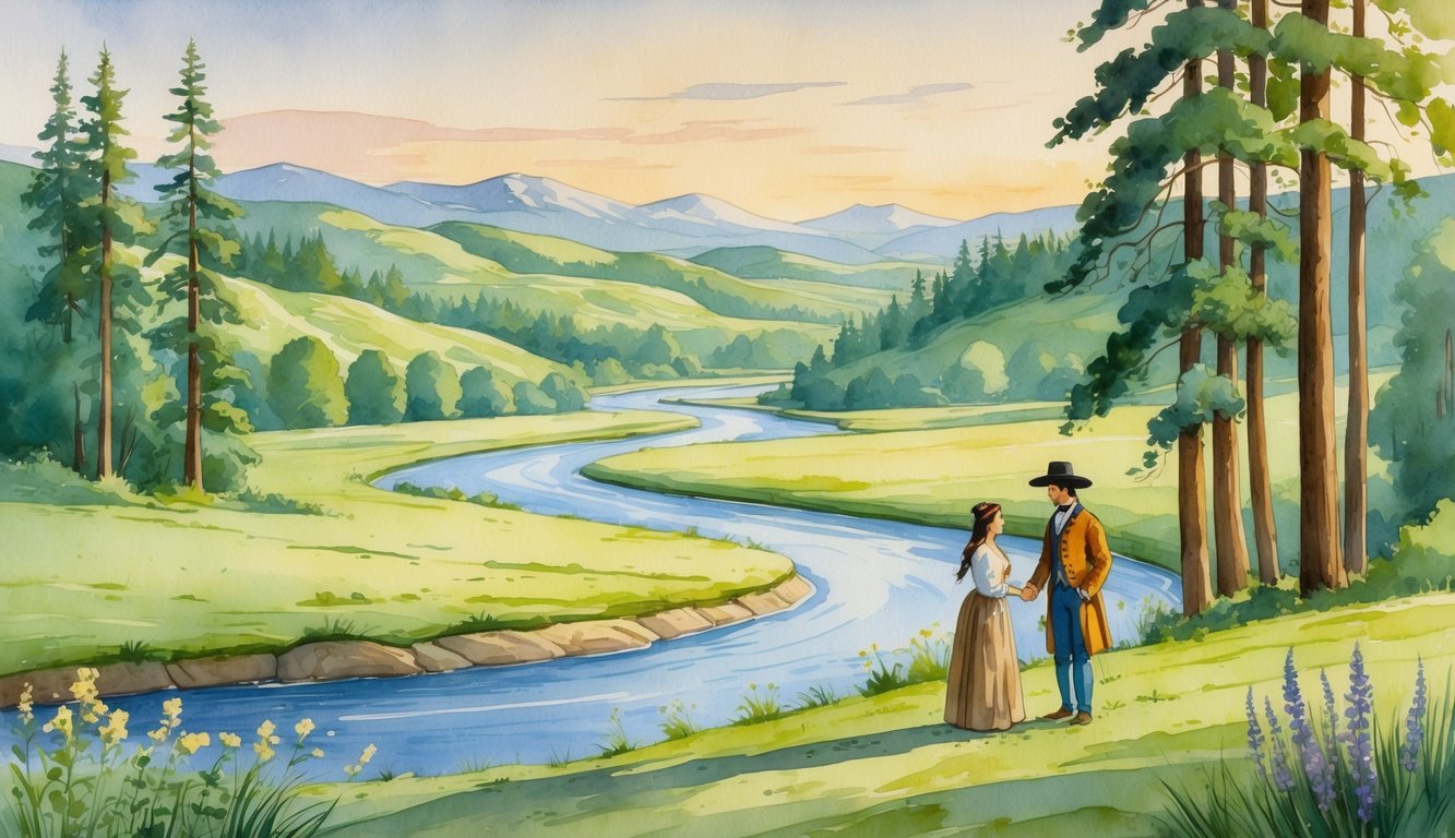 A peaceful riverside scene with a pioneer settler and a Native American figure surrounded by trees, hills, and mountains.