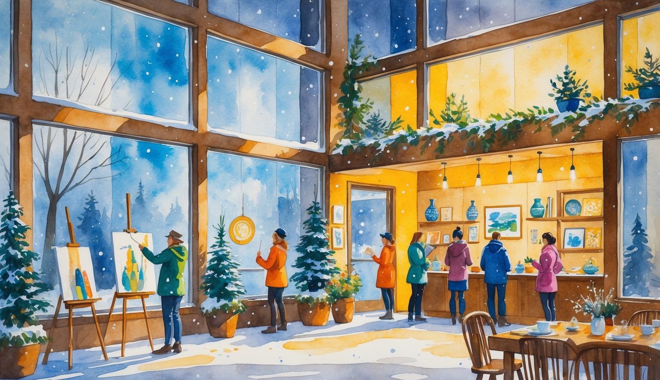 People enjoying indoor cultural activities in a cozy room with snowy windows, including painting, music, and crafts.