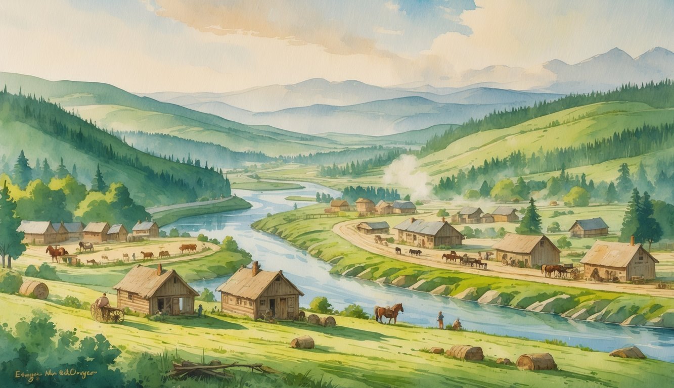 A peaceful scene showing early settlers building cabins and farming near a river with forests and mountains in the background.