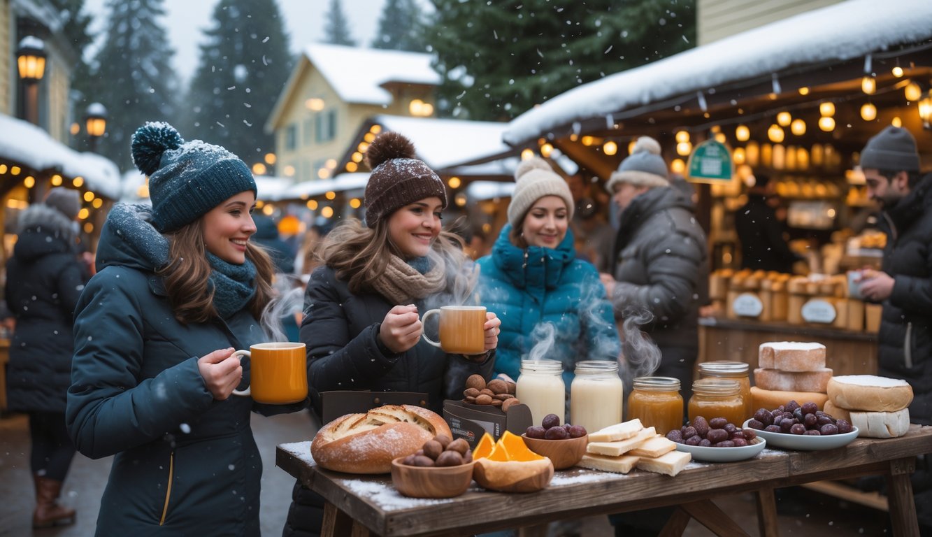 People enjoying warm drinks and seasonal foods at an outdoor winter market in a snowy town surrounded by trees.