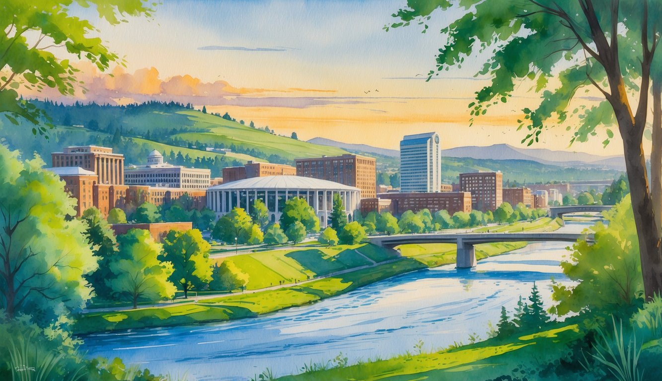 A scenic view of Eugene, Oregon, showing trees, a river, stadium, historic house on a hill, and hills in the background under a warm sunrise sky.