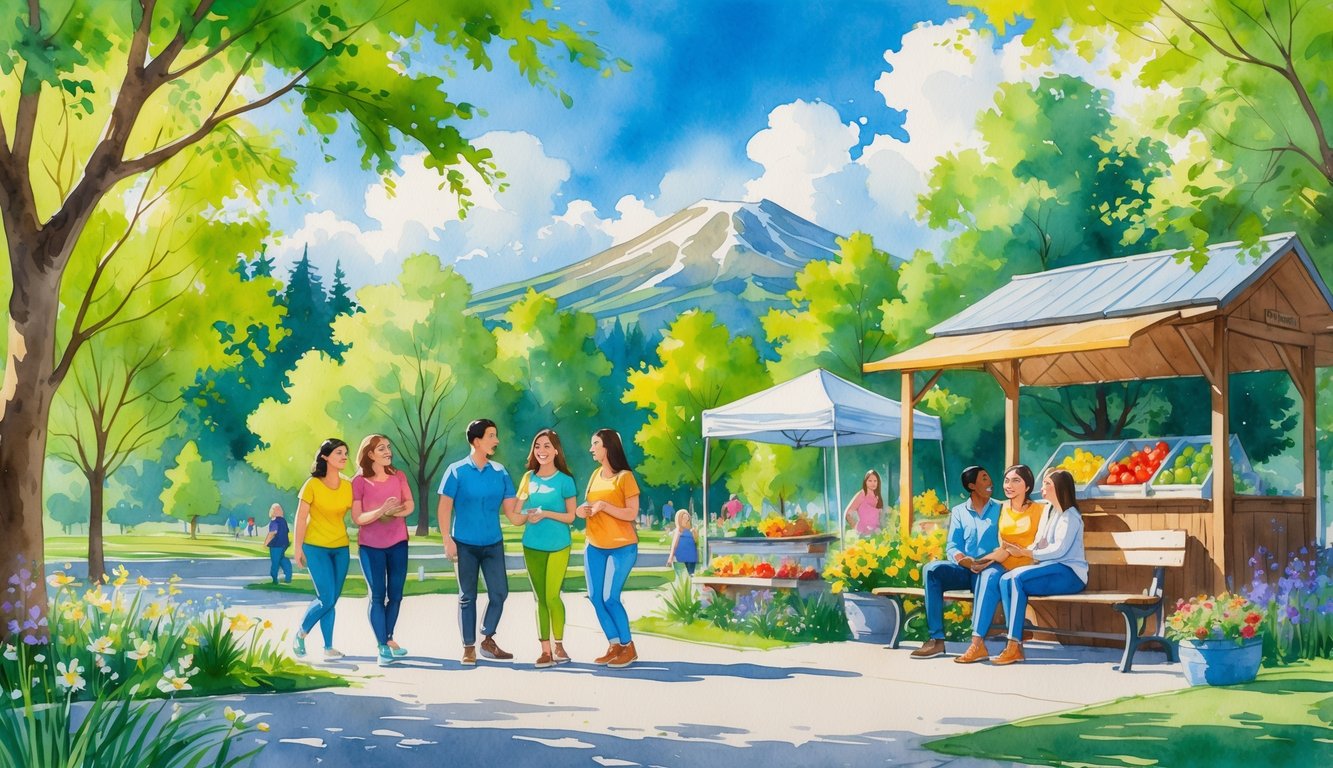 A group of people talking and smiling together in a green park with trees, flowers, a farmer's market stall, and a mountain in the background.