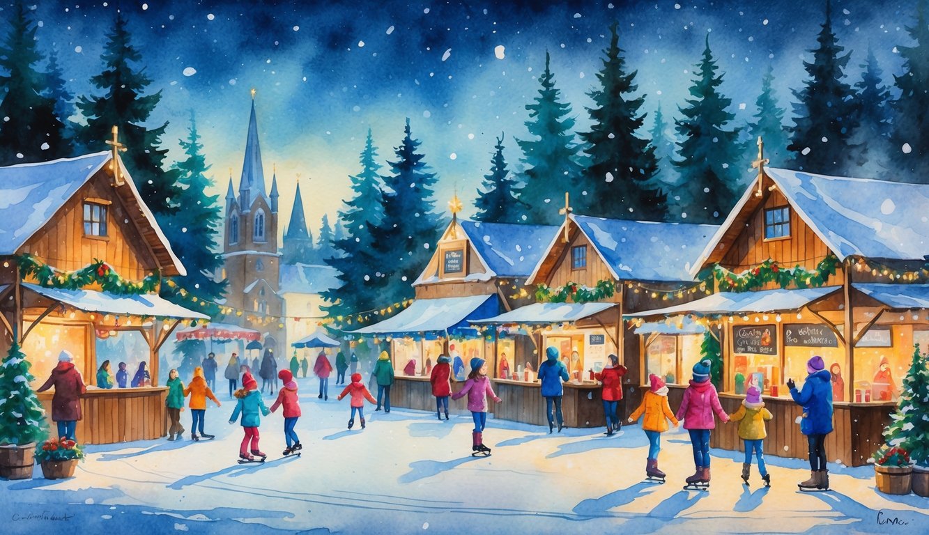 A winter festival scene in a small town with snow-covered trees, market stalls decorated with lights and garlands, people dressed in warm clothes enjoying activities like ice skating and gathering around a fire pit.