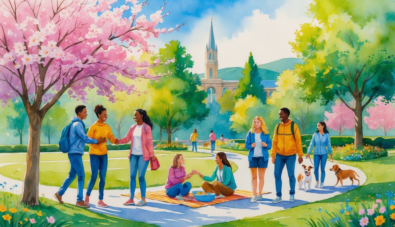 People meeting and enjoying time together in a park with trees, flowers, and distant hills in Eugene, Oregon.