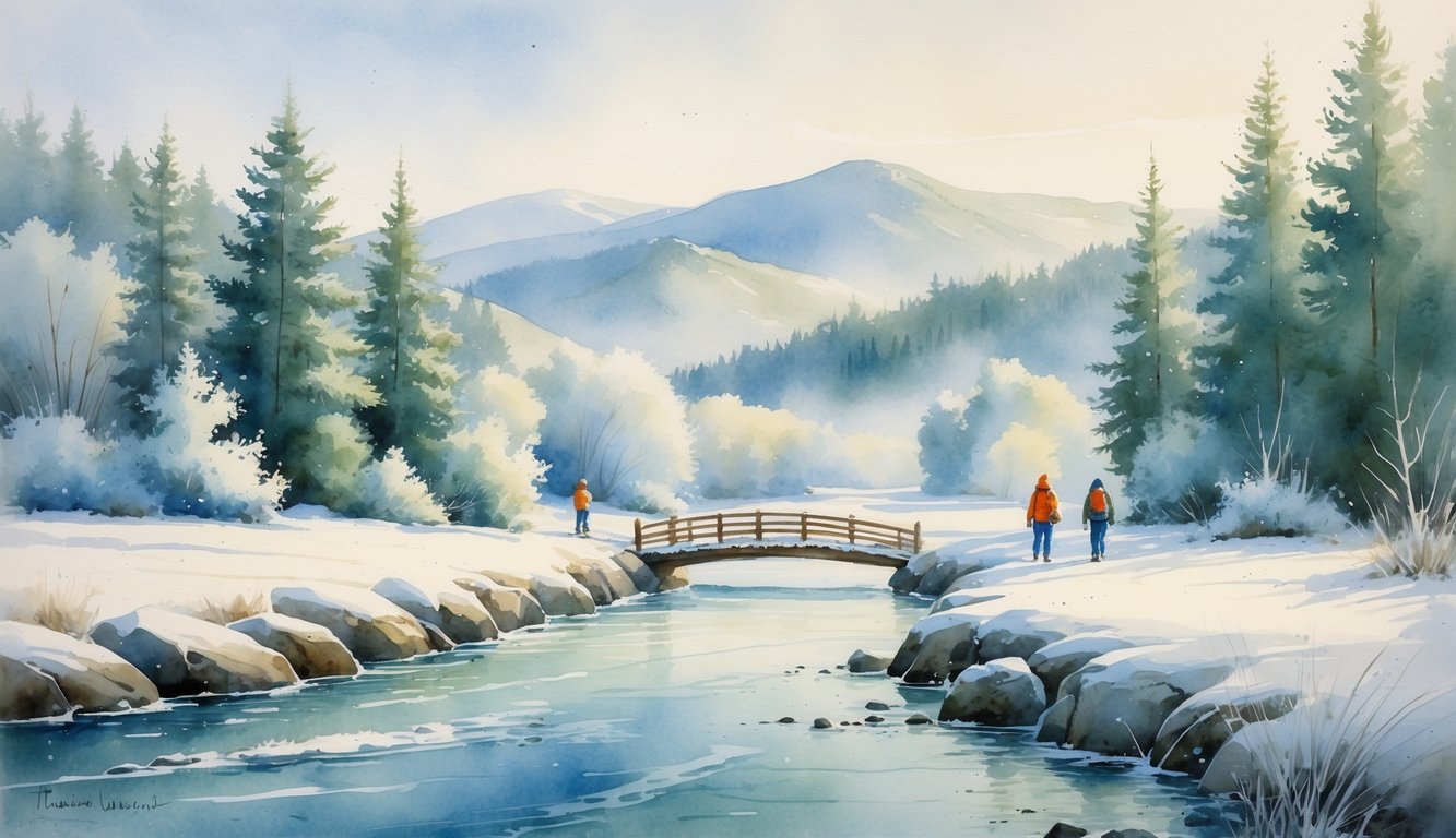 A peaceful winter river scene near Eugene, Oregon, with snow-covered trees, hills, a wooden footbridge, and hikers enjoying the outdoors.