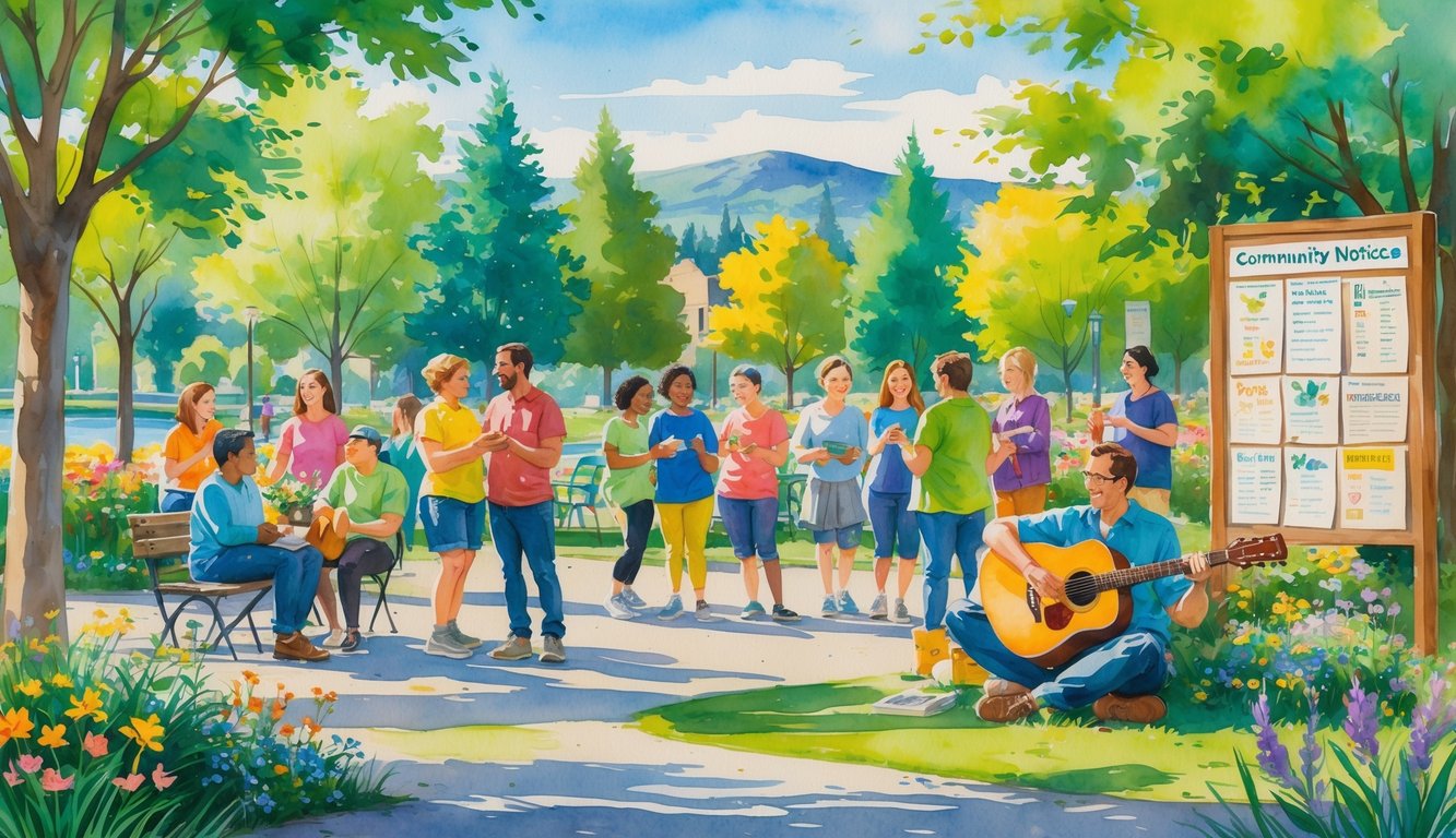 People gathered in a sunny park in Eugene, Oregon, enjoying outdoor activities and socializing in small groups surrounded by trees and flowers.