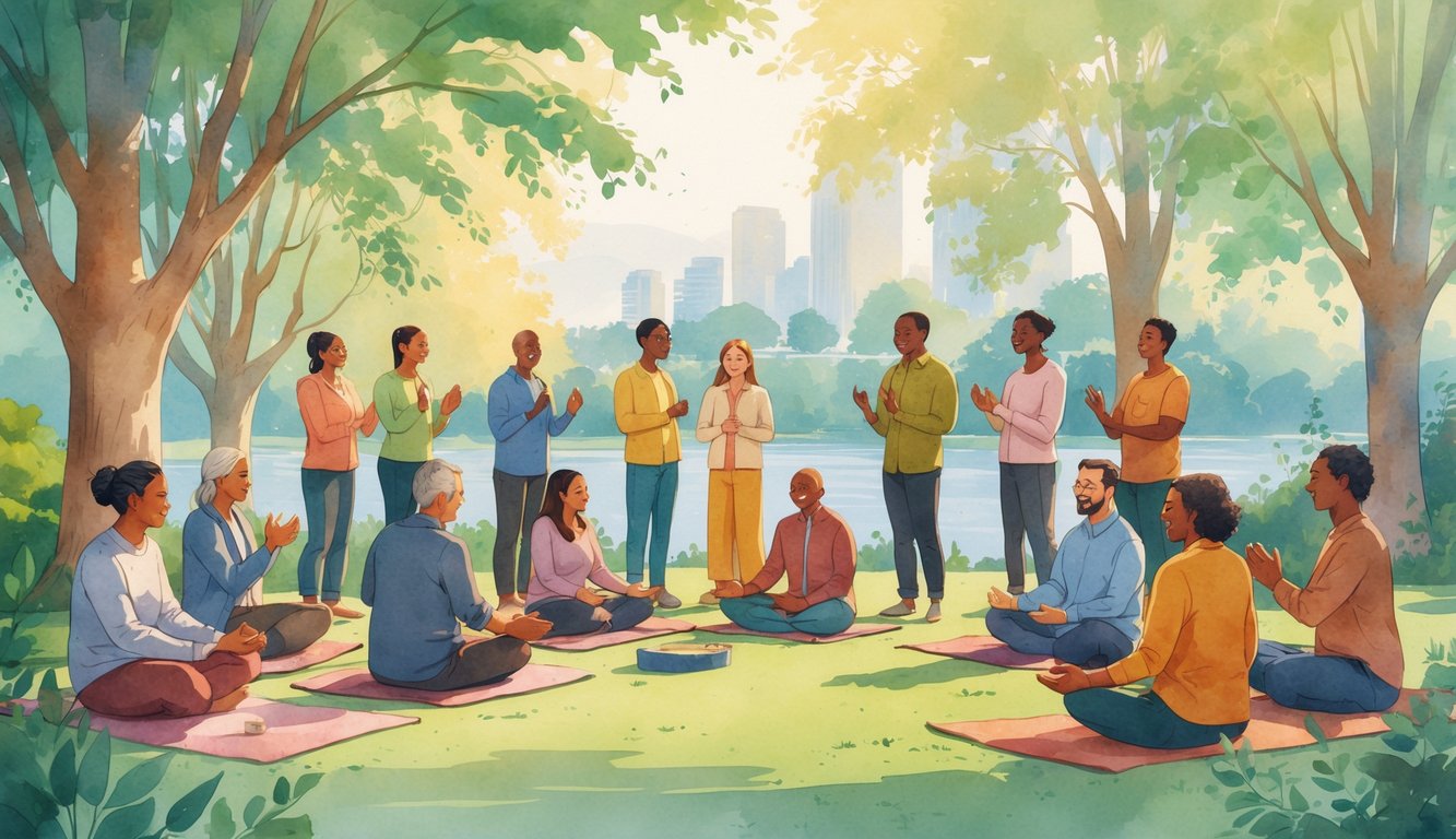 A group of diverse people gathered outdoors in a park in Eugene, Oregon, engaging in friendly conversation and spiritual activities surrounded by trees and nature.