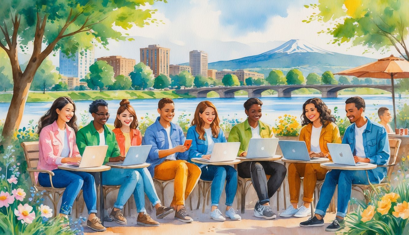 A group of diverse people happily interacting outdoors at a café in Eugene, Oregon, surrounded by greenery and distant mountains.