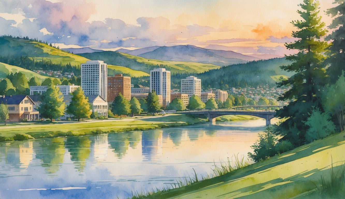 A peaceful cityscape with buildings, trees, a river, and mountains in the background at sunset.