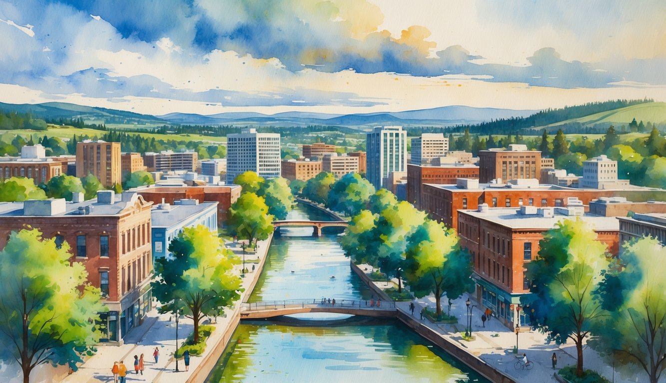 A cityscape of Eugene, Oregon with buildings, trees, a river, people walking and cycling, hills and mountains in the background.