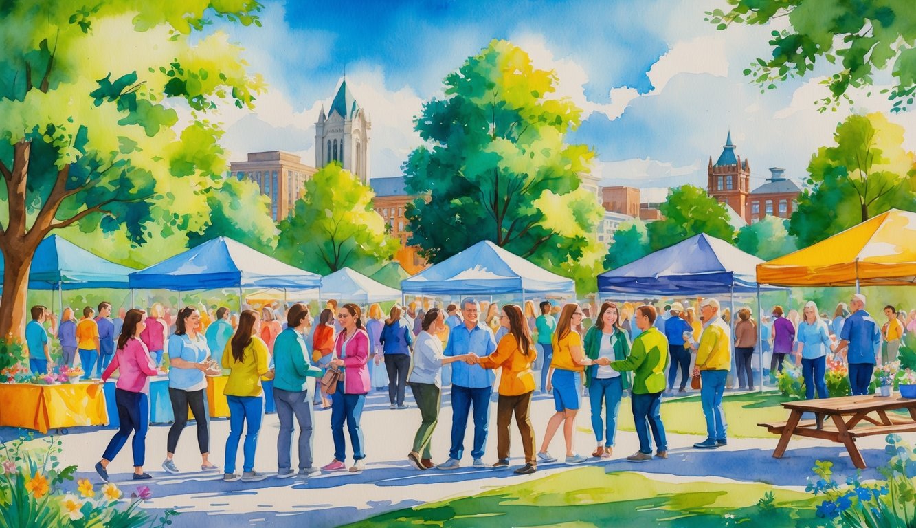 People happily interacting and making friends at an outdoor public event in a park with trees and flowers in Eugene, Oregon.