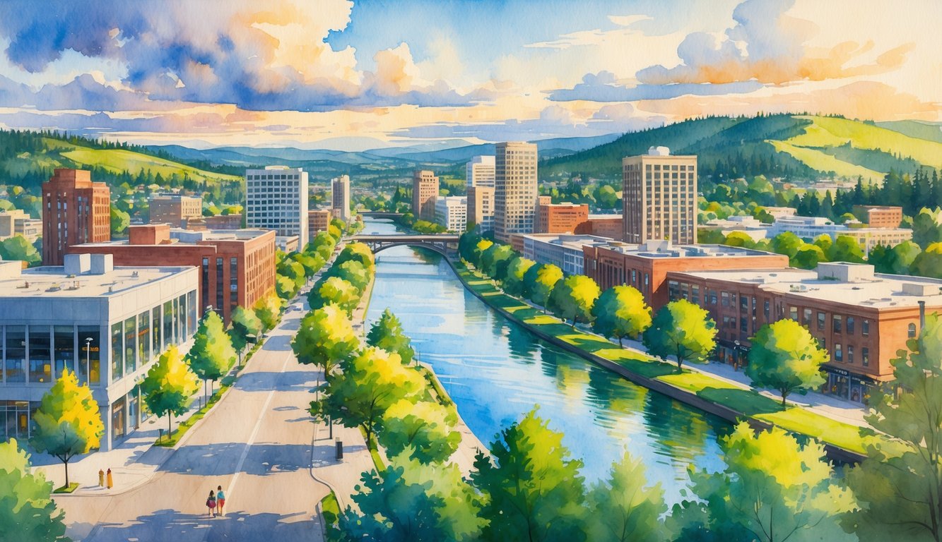 A cityscape of Eugene, Oregon, with buildings, trees, a river, and hills in the background.