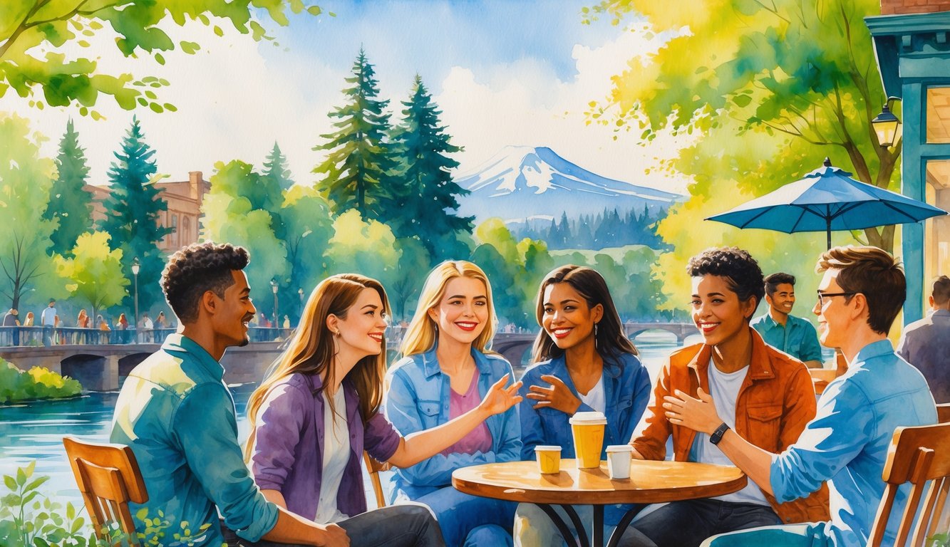 A group of people happily meeting and talking outdoors near trees and a river with mountains in the background.