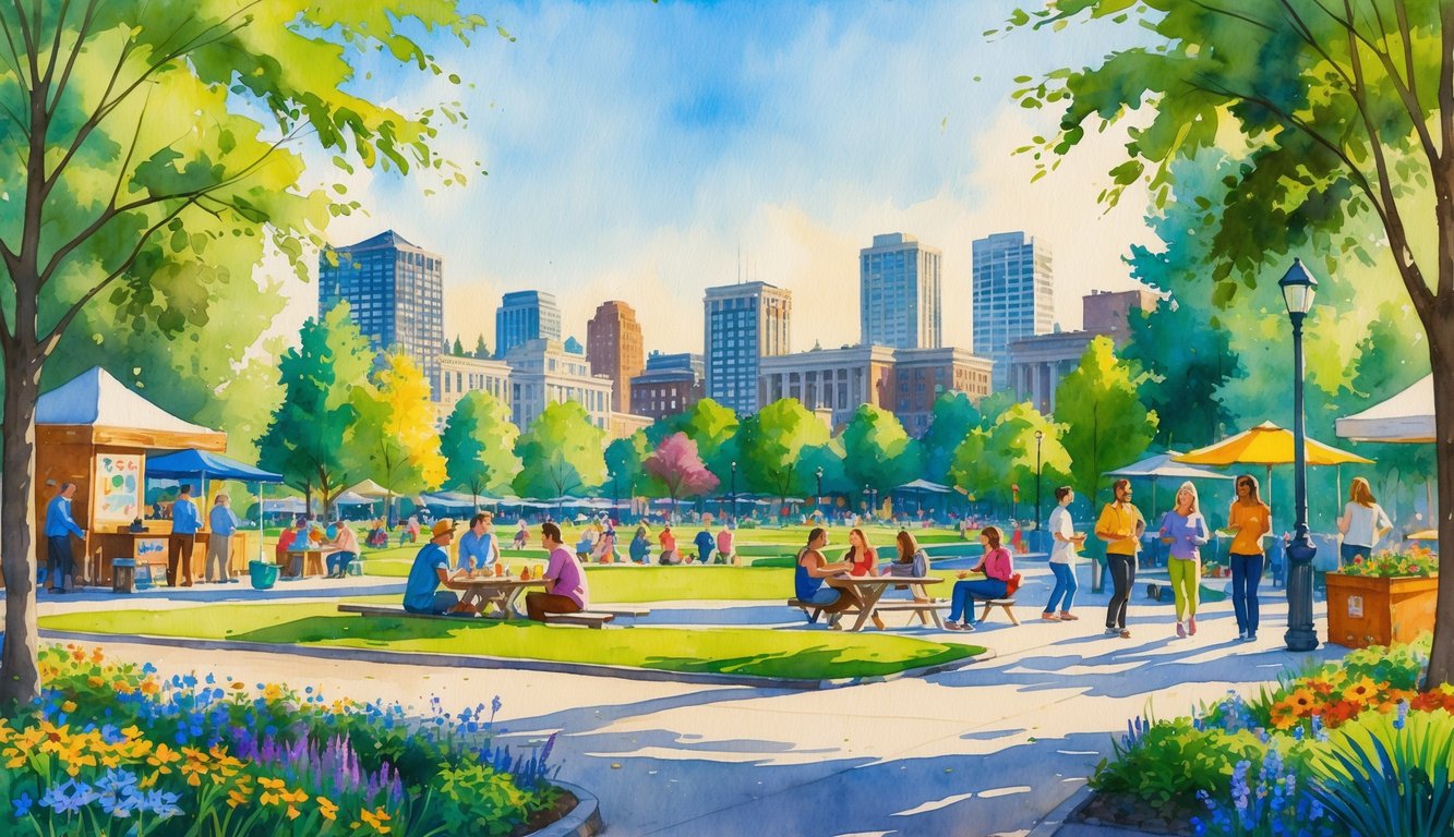 A city park in Eugene, Oregon with people enjoying outdoor activities near trees, flowers, a river, and city buildings in the background.