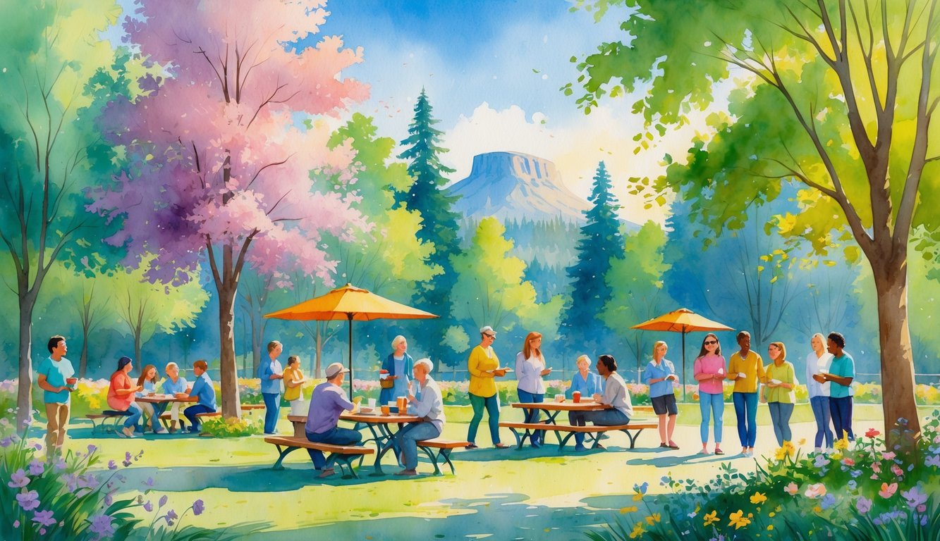 A group of people enjoying a sunny day together in a park with trees, flowers, and a river in the background.