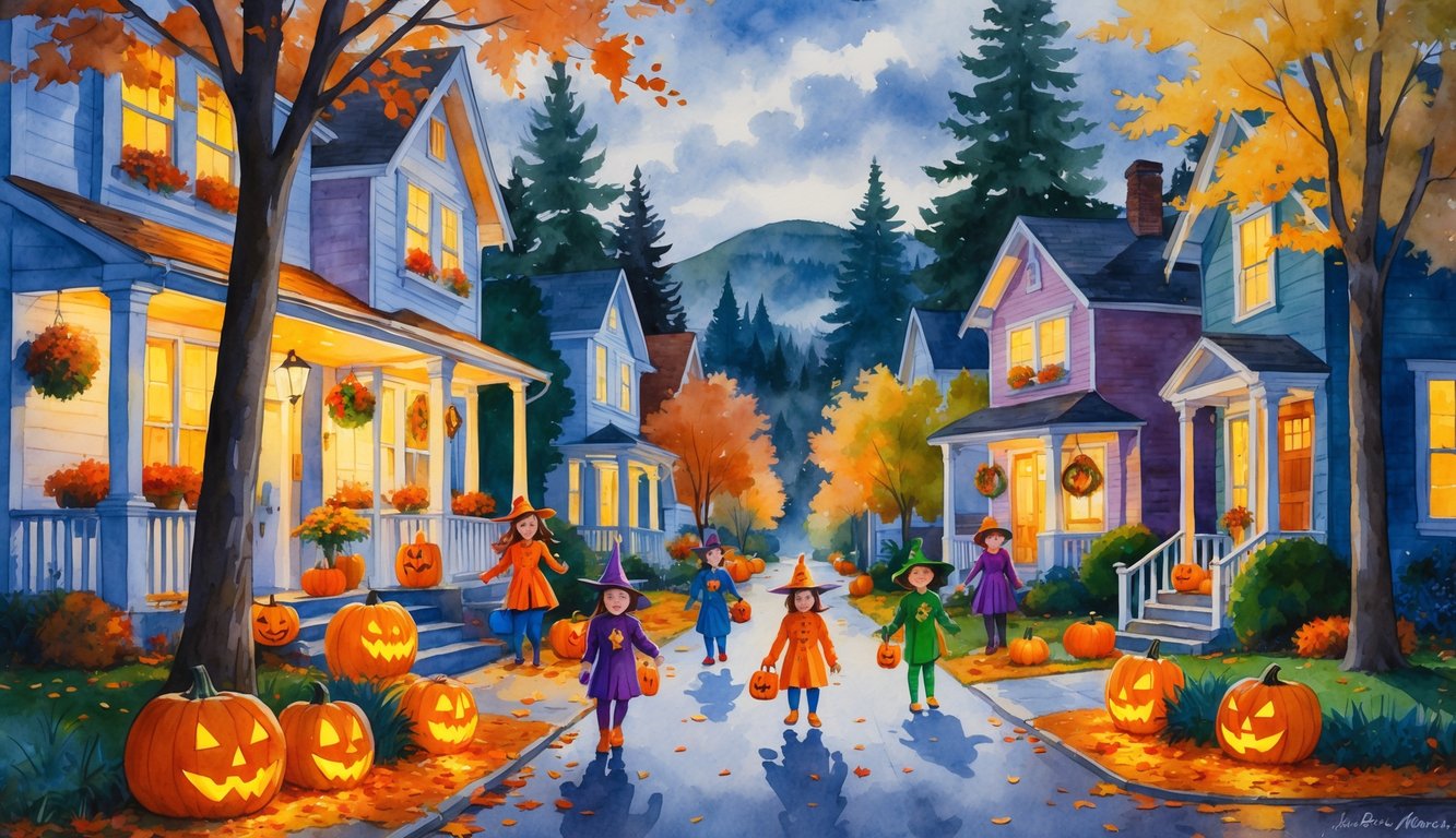 Children in Halloween costumes trick-or-treating along a tree-lined street with decorated houses and glowing pumpkins in a neighborhood with tall trees and hills in the background.