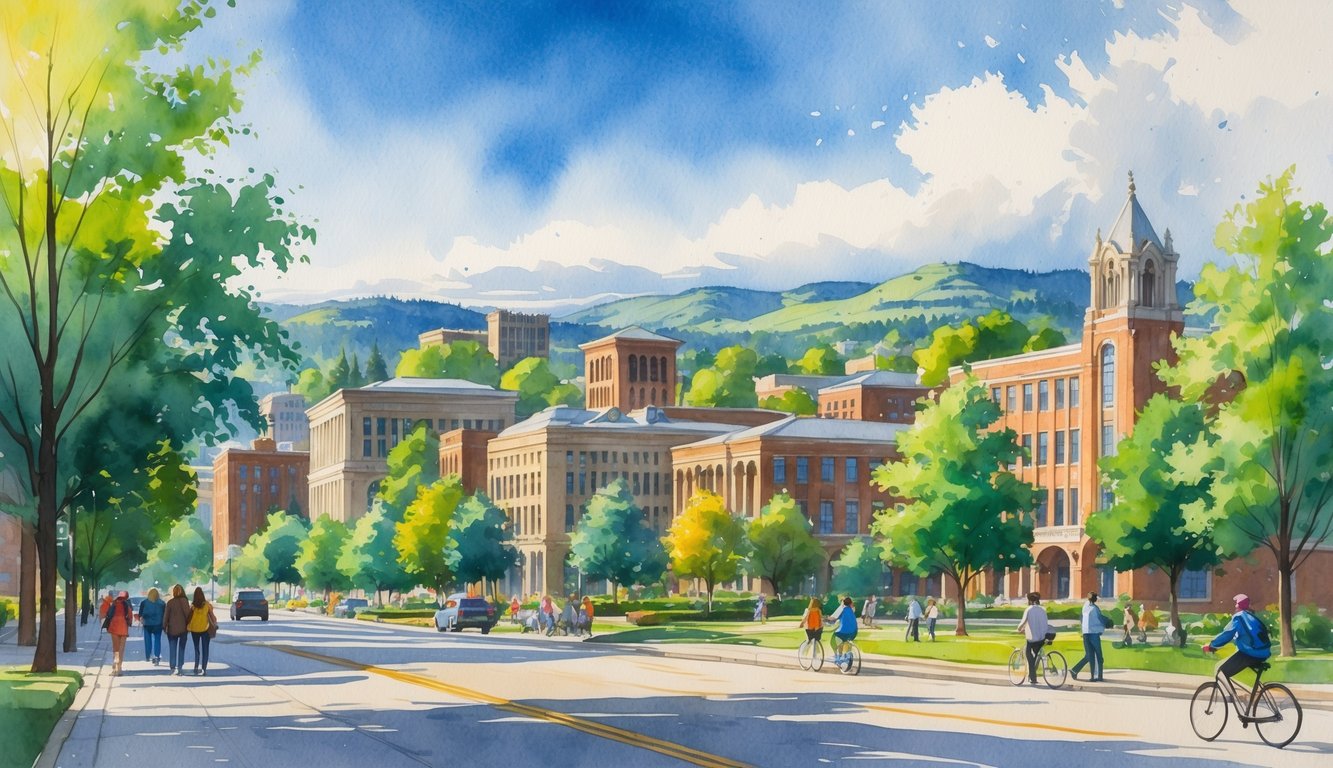 A cityscape of Eugene, Oregon, showing university buildings, trees, hills, and people walking and biking on city streets.