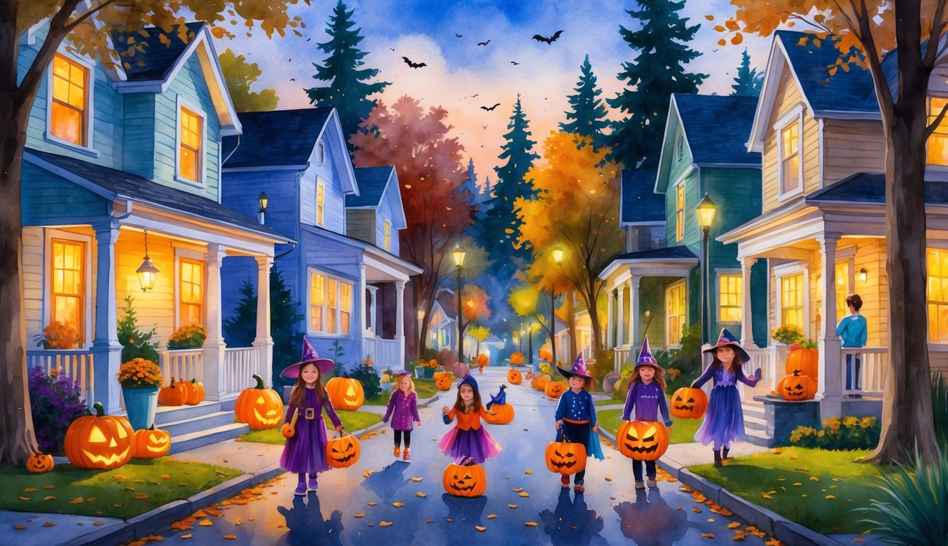 A neighborhood street at night with decorated houses and children in costumes trick-or-treating under street lamps and trees.