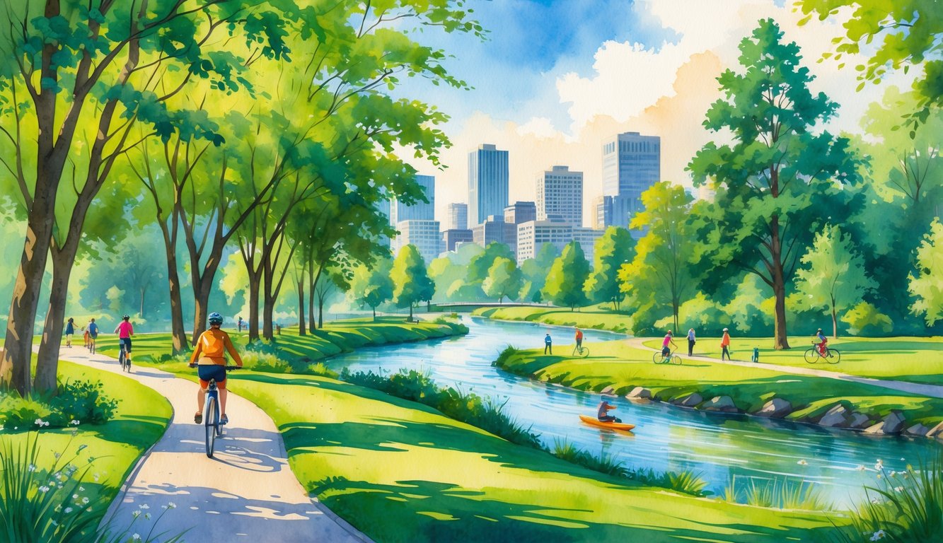 A park with trees, a river, people biking, kayaking, and hiking near a city skyline.