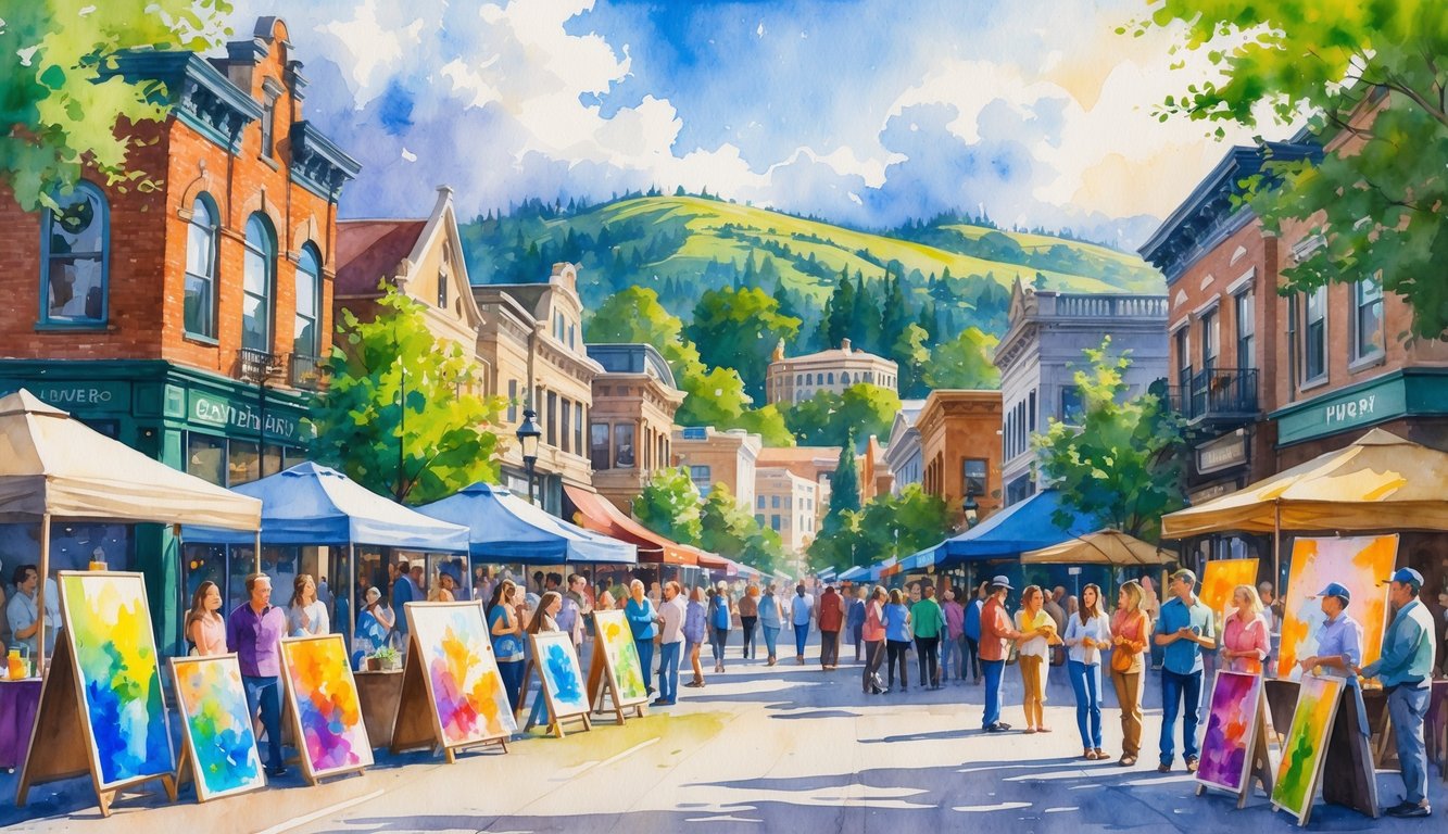 A lively city scene with people enjoying outdoor art displays, street performers, and cafes surrounded by trees and hills.