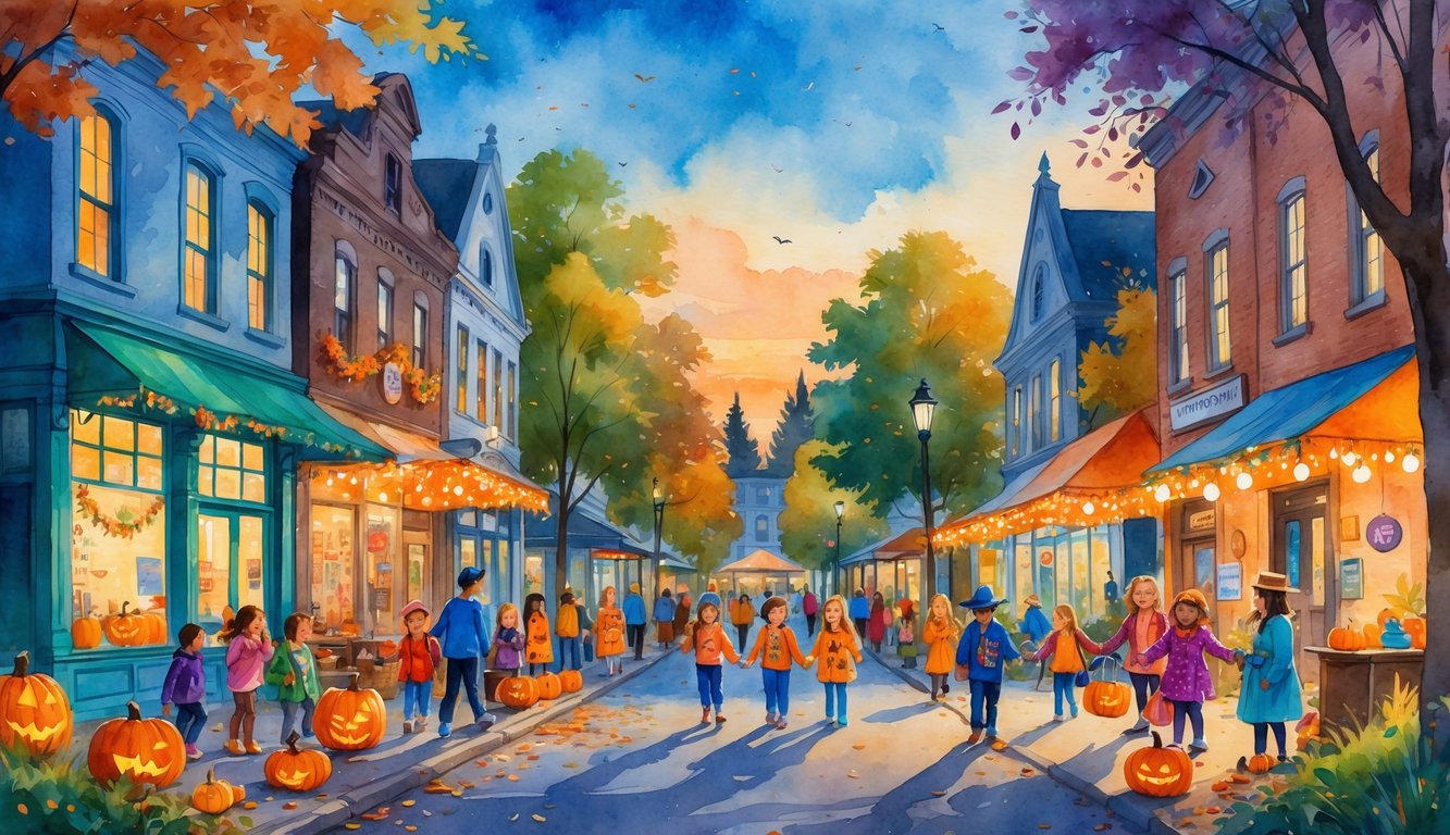 Children and families in Halloween costumes trick-or-treating along decorated streets in a downtown neighborhood with historic buildings and community event booths during early evening.