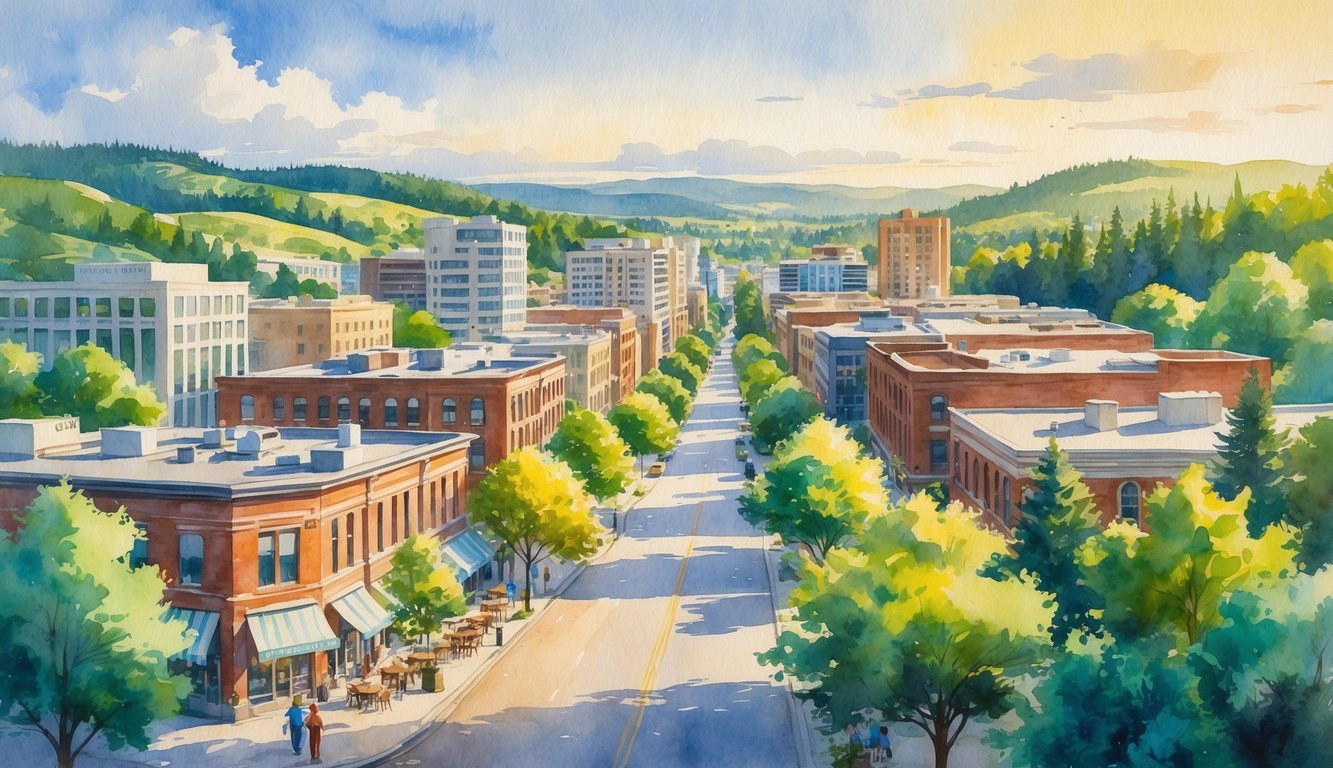 A cityscape of Eugene, Oregon with buildings, tree-lined streets, people outdoors, and hills and forests in the background.