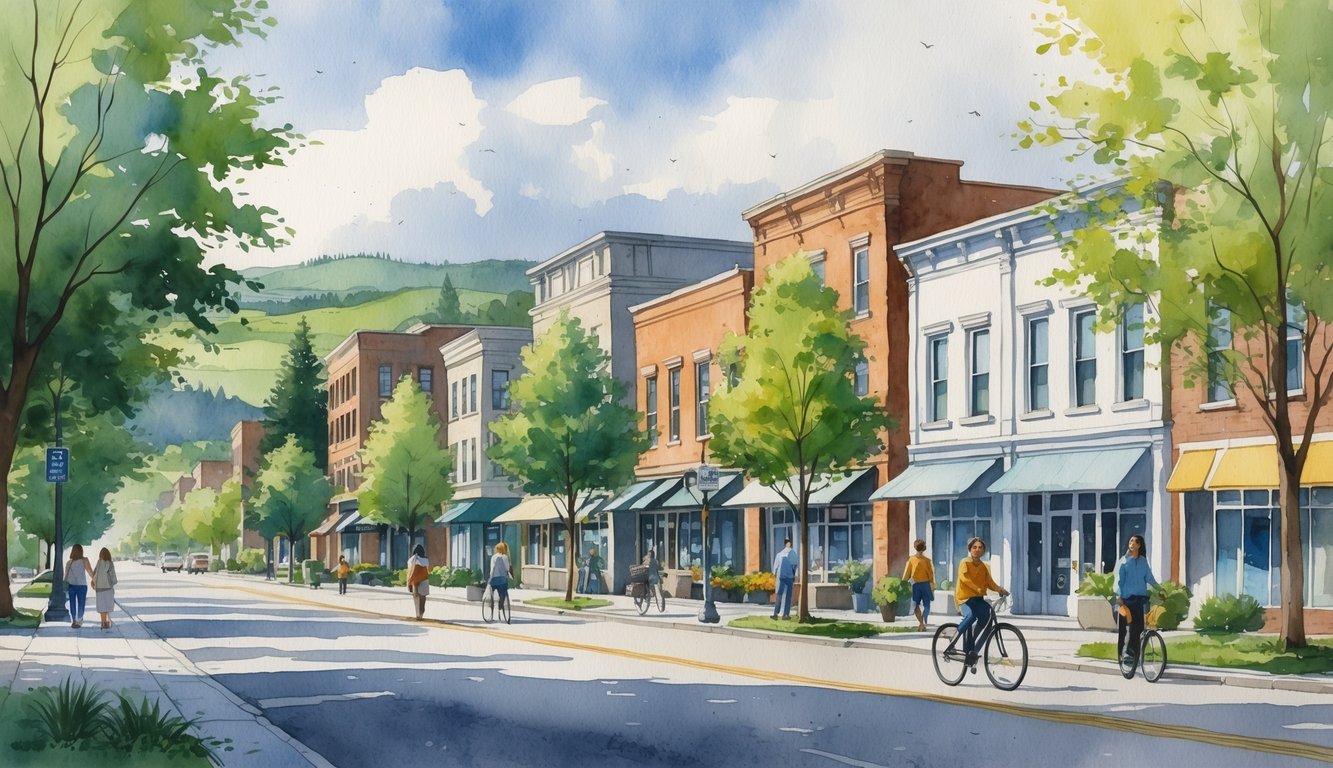 A peaceful street in Eugene, Oregon, with people walking and biking among trees and buildings under a cloudy sky.