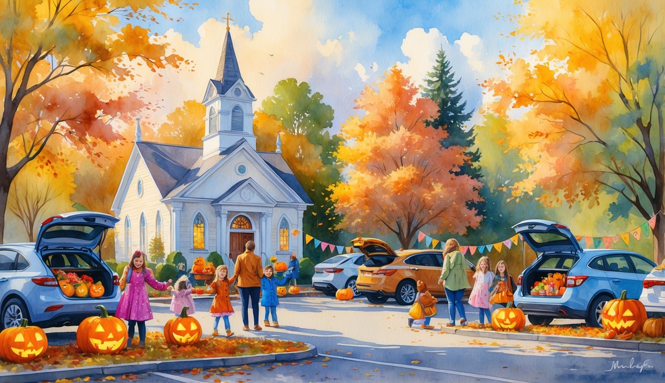 A church surrounded by autumn trees with families and children in Halloween costumes enjoying a trunk or treat event in a parking lot.