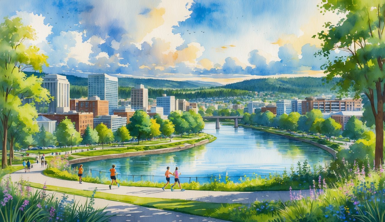 A cityscape of Eugene, Oregon, with buildings surrounded by trees, a river flowing through, and people enjoying outdoor activities along green spaces.