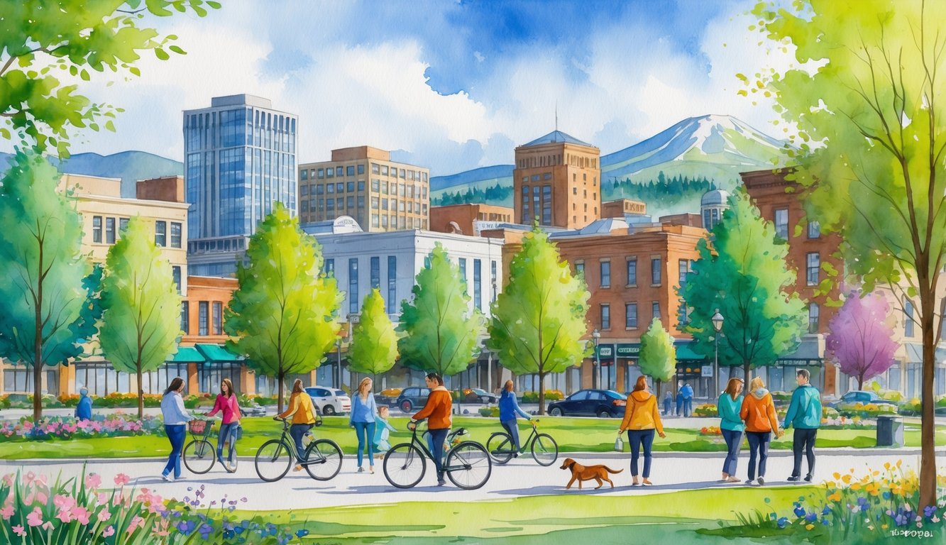 A cityscape of Eugene, Oregon with buildings, trees, people in a park, and mountains in the background.