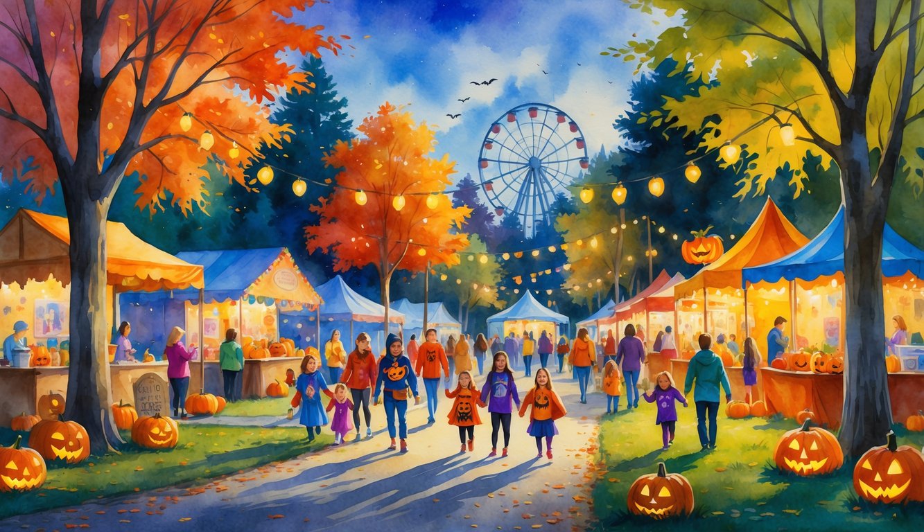 A lively outdoor Halloween carnival and family festival with children in costumes trick-or-treating among decorated booths, autumn trees, and carnival rides in a small town park.