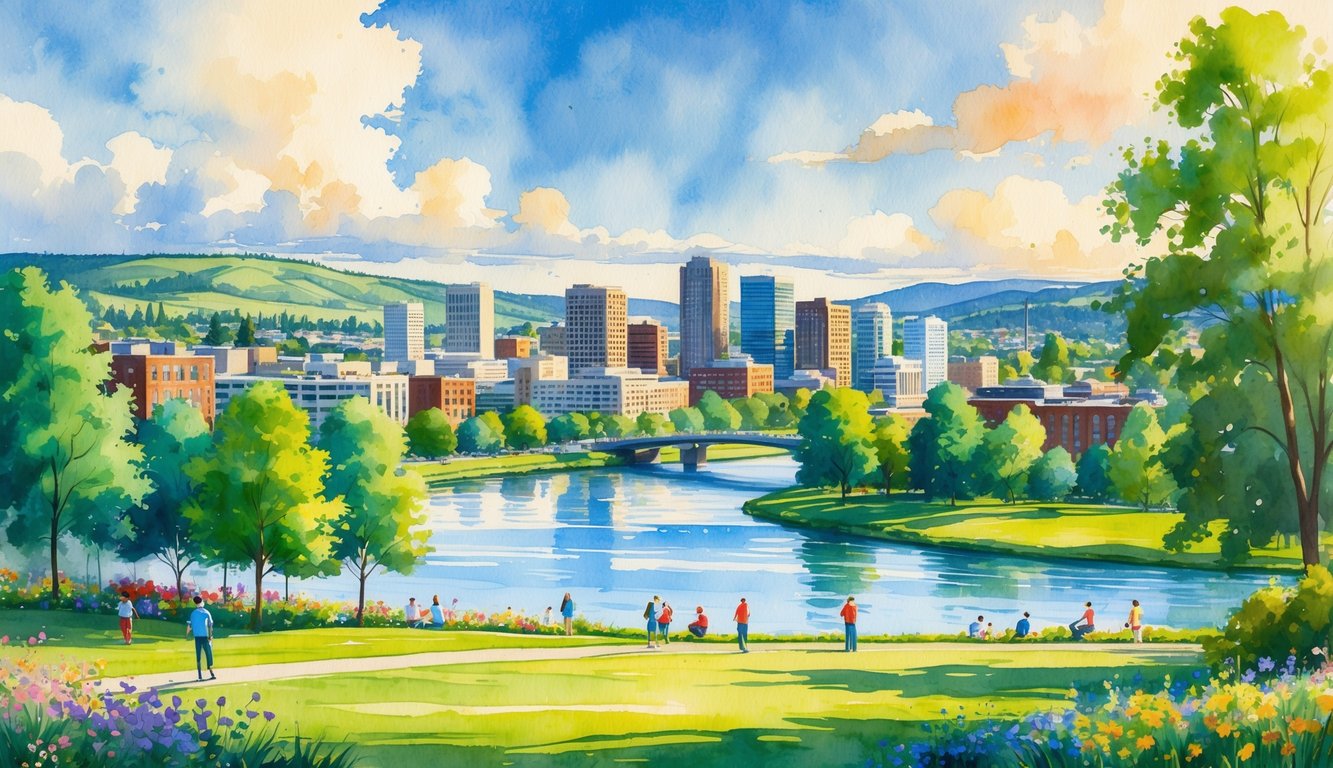 A cityscape showing Eugene, Oregon with buildings, trees, a river, and people enjoying a park on a sunny day.
