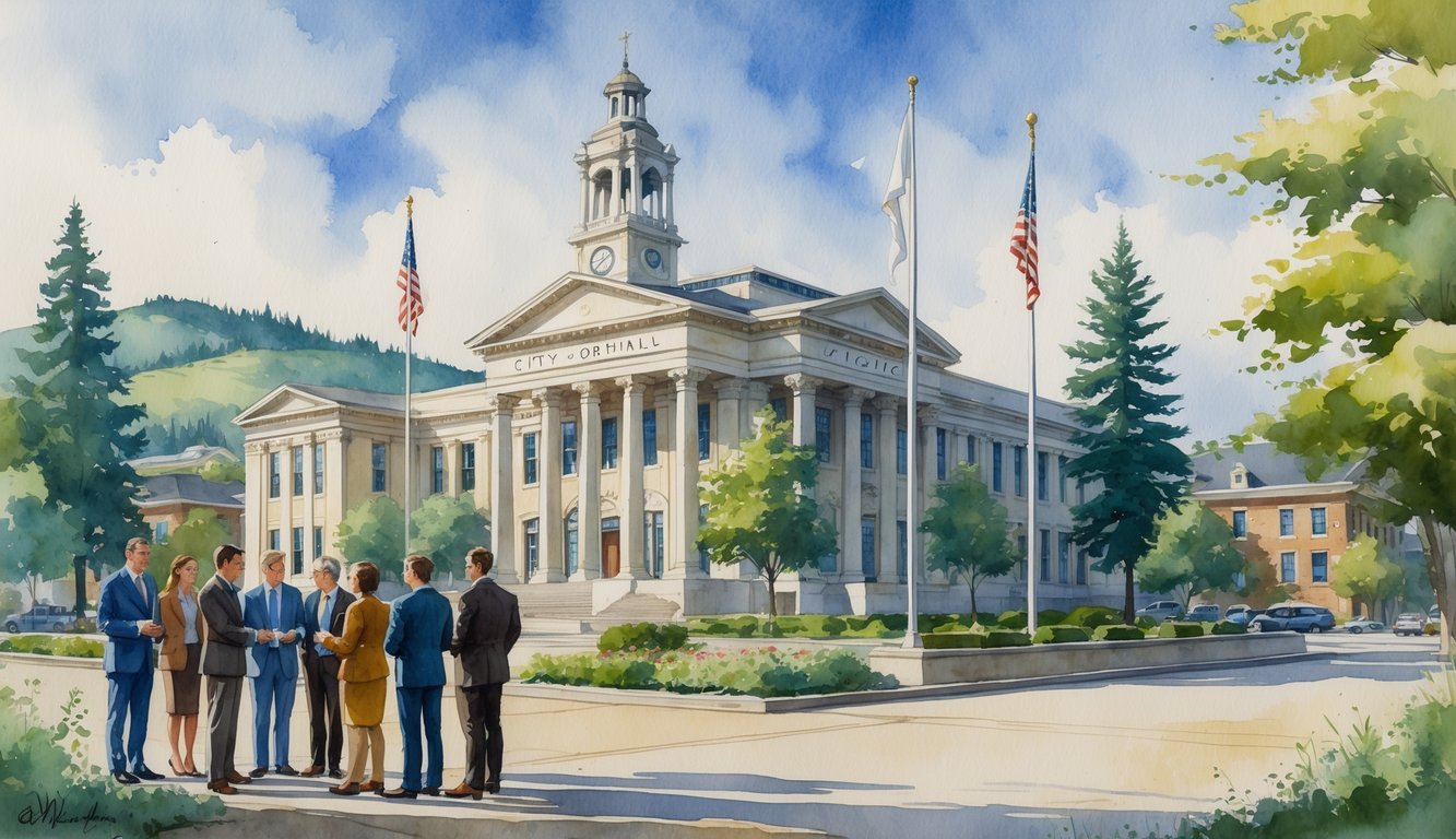 A city hall building with columns and a clock tower surrounded by trees and people talking respectfully outdoors.