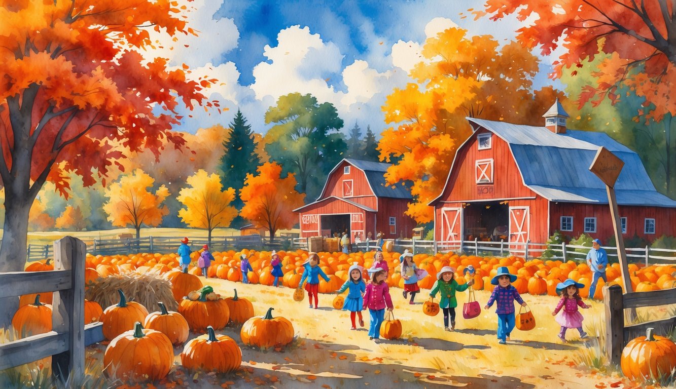 Children in costumes picking pumpkins in a colorful autumn farm with trees and a red barn in the background.