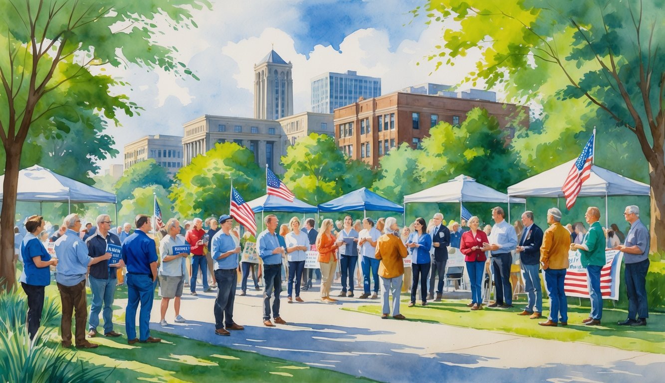 A group of people gathered outdoors near trees and buildings, engaged in a community discussion in a park-like setting.