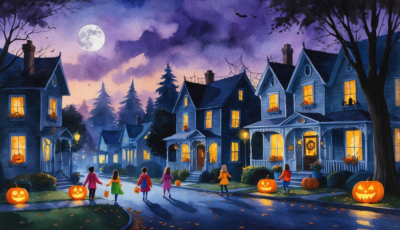 A neighborhood street in Eugene, Oregon at twilight with decorated houses, children in Halloween costumes trick-or-treating, pumpkins, and glowing lanterns under a full moon.