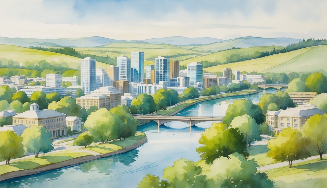 A peaceful cityscape showing Eugene, Oregon with its downtown buildings surrounded by green hills and smaller nearby cities in the distance.