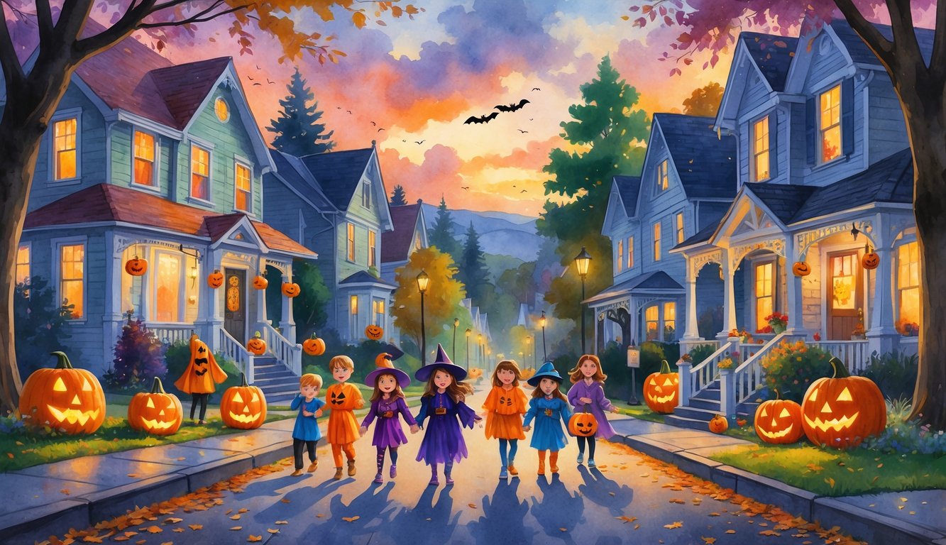 Children in Halloween costumes trick-or-treat along a leafy neighborhood street with decorated houses and pumpkins at dusk near a river and forest.