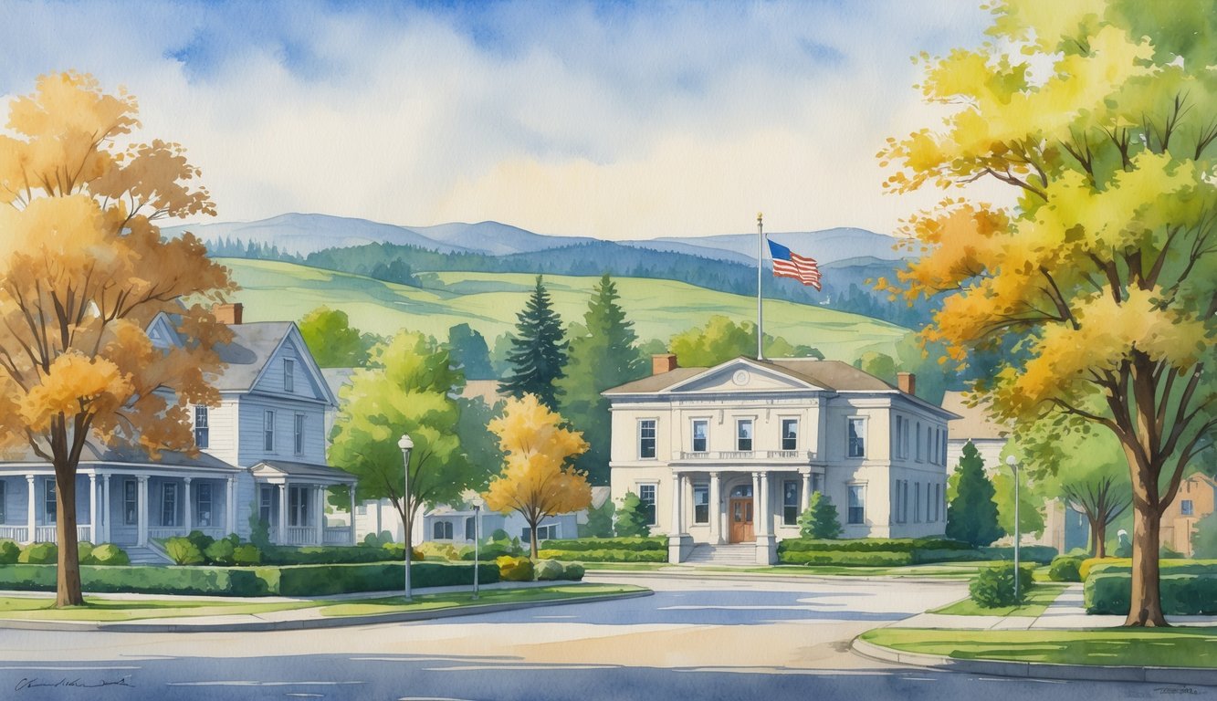 A peaceful small-town street in Eugene, Oregon with classic homes, a government building, trees with autumn leaves, and distant hills under a clear sky.
