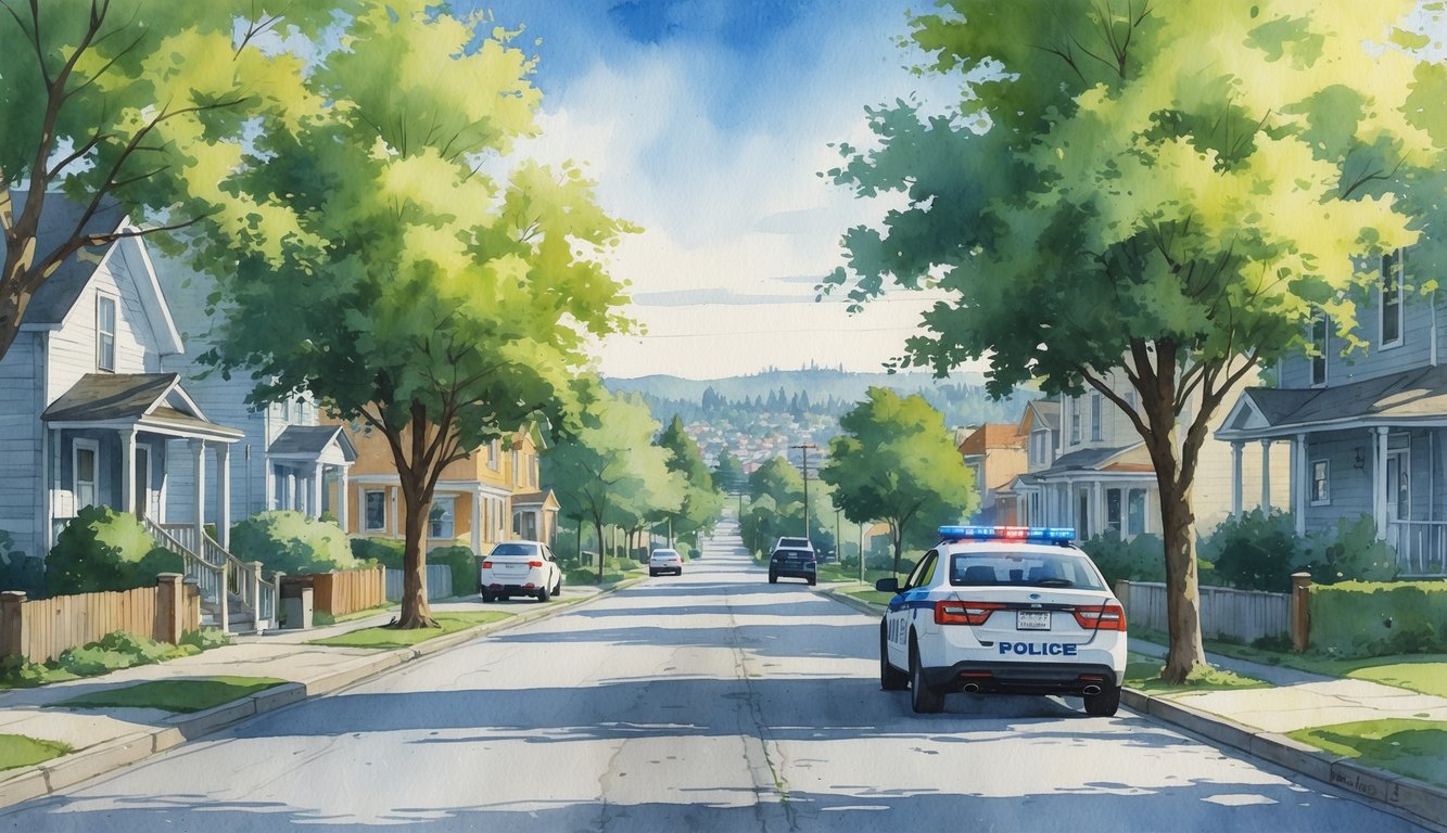 A quiet neighborhood street in Eugene, Oregon with houses, trees, and a police patrol car parked by the sidewalk under a clear sky.